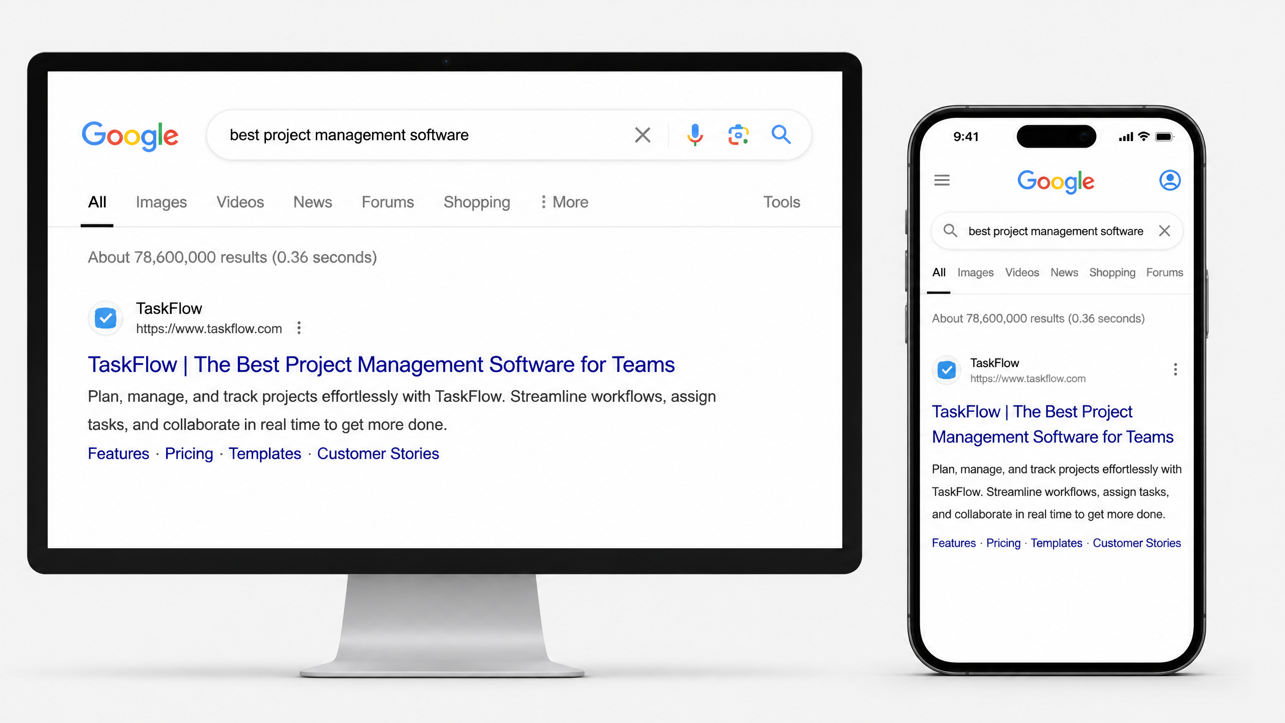 Affichage SERP Google sur ordinateur et mobile