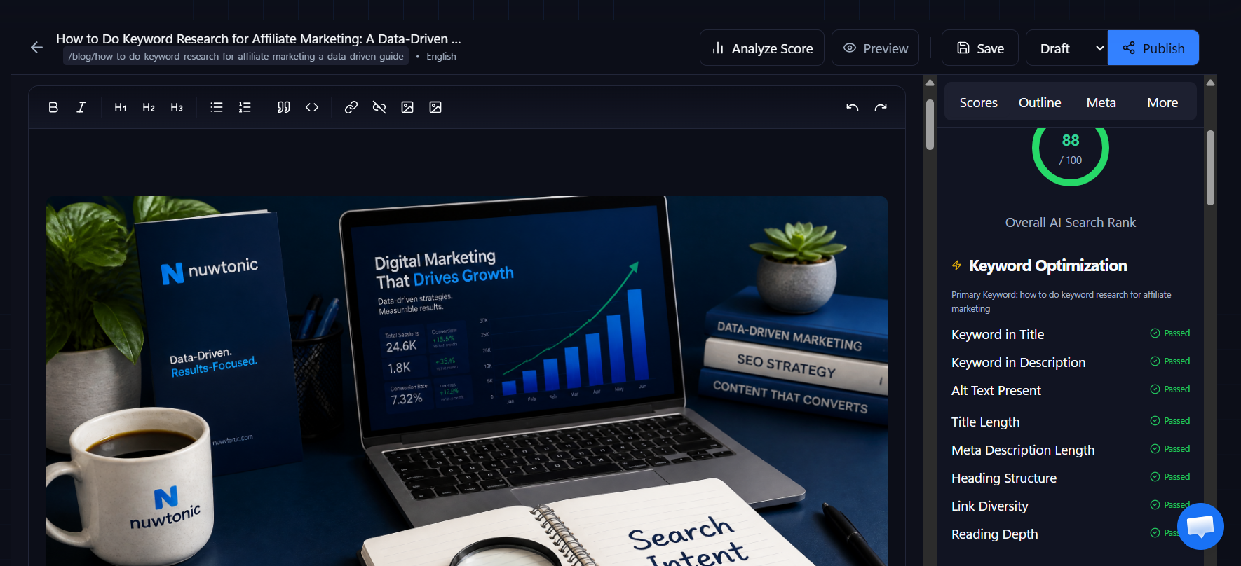 Content editor with rich text, SEO score sidebar, and publish workflow for brand-consistent articles