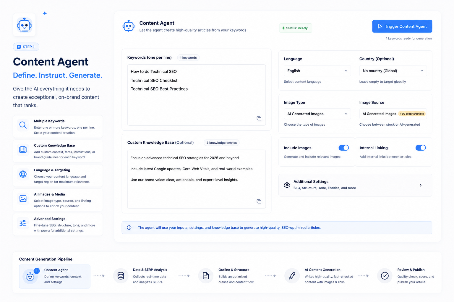 Interfaz Content Agent para definir keywords, base de conocimiento, targeting de idioma y ajustes de generación