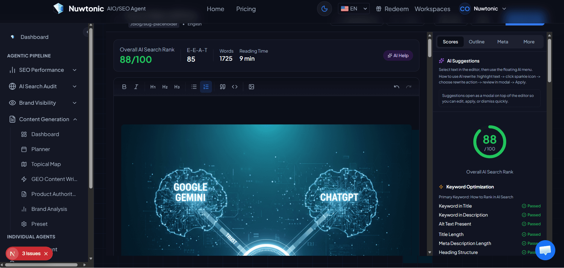 Editeur avec score AI Search et checklist meta