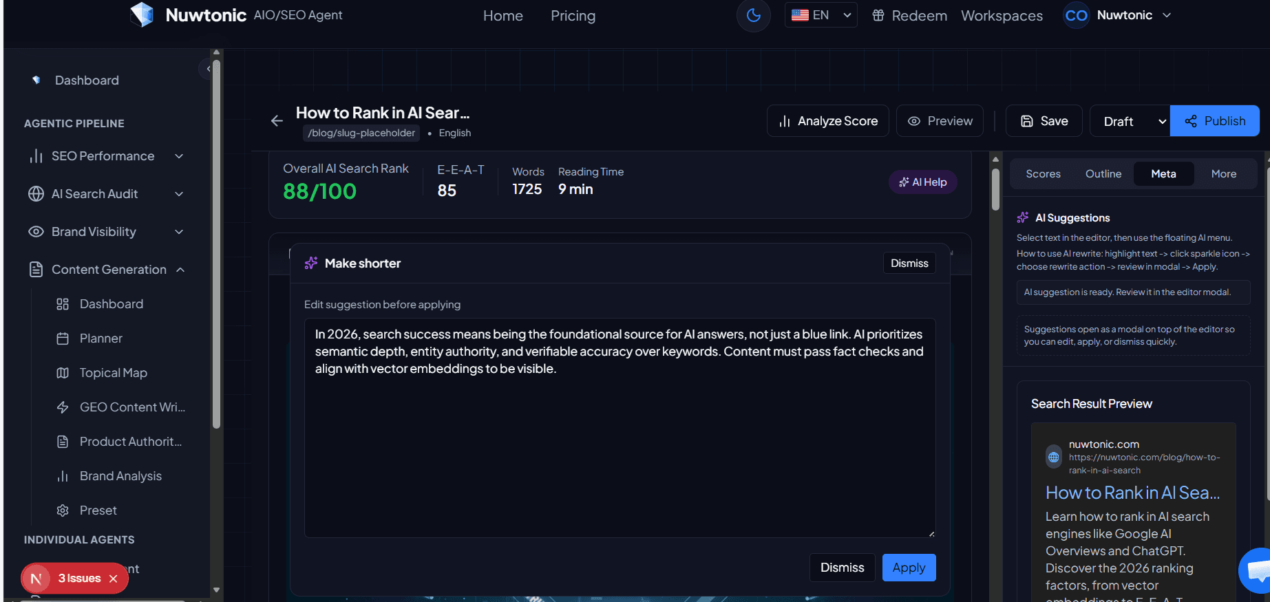 Editeur montrant une suggestion IA avec boutons apply dismiss
