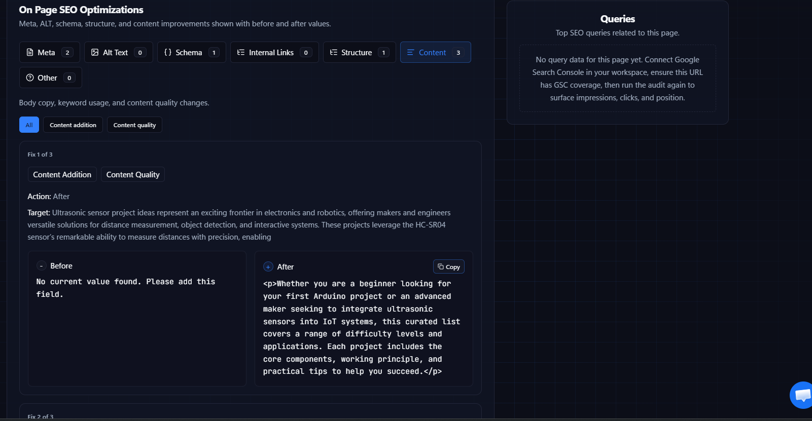 Before view showing content optimization opportunities