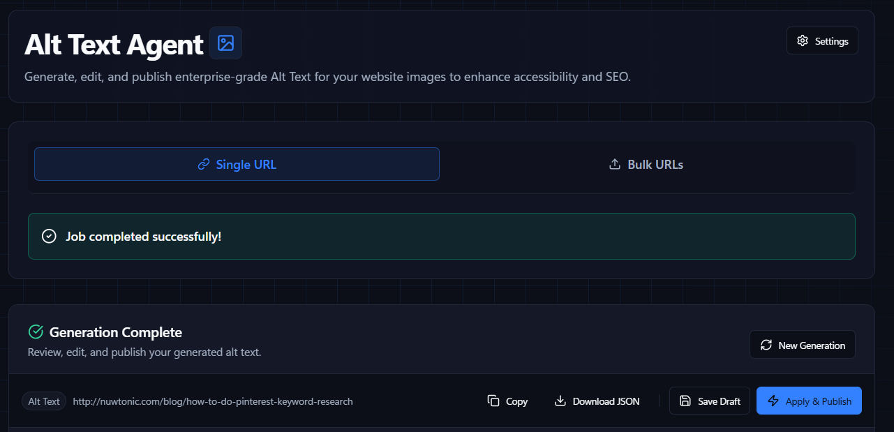 Alt-text vision agent panel with image-level SEO metadata generation