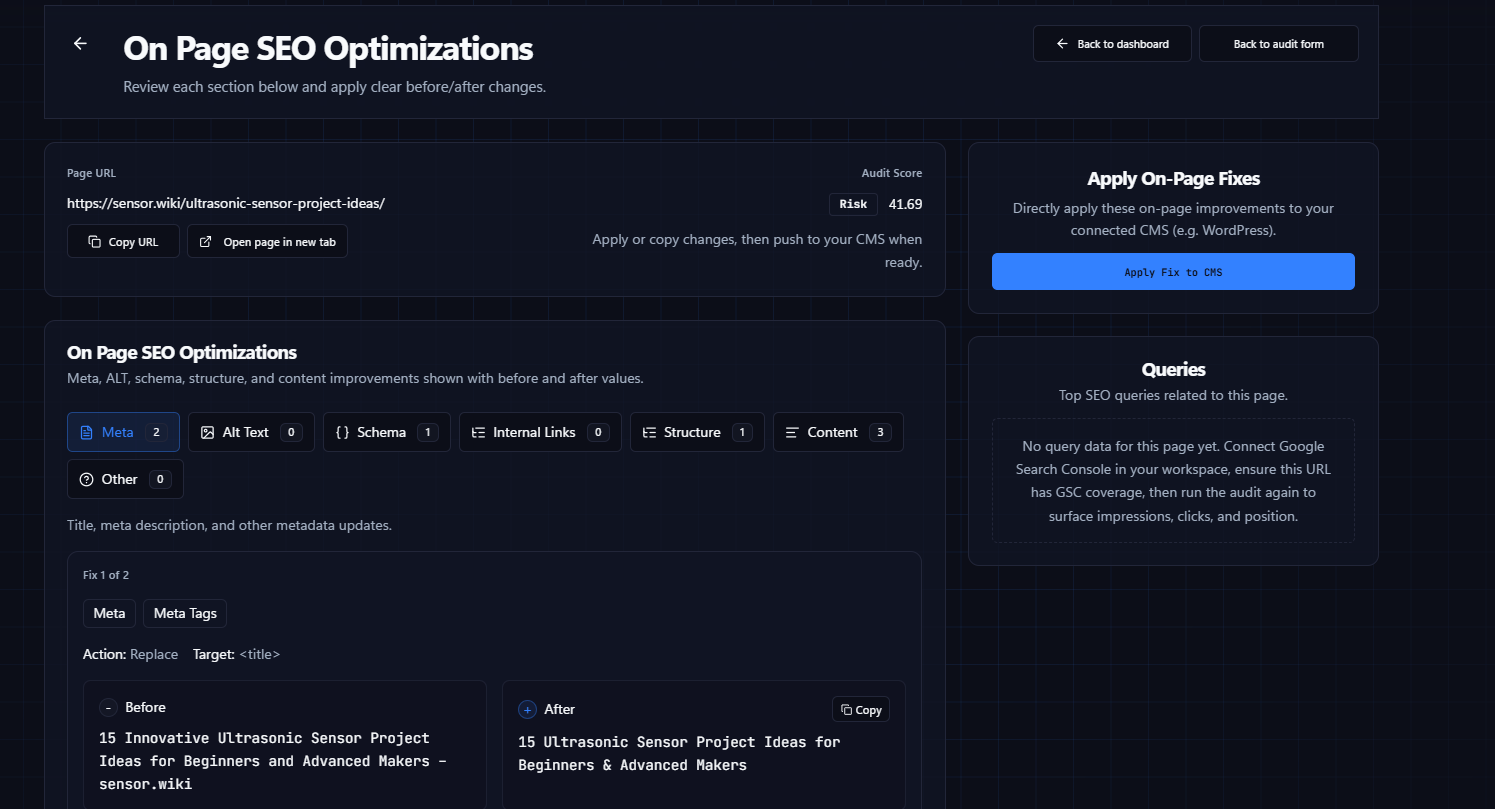 Nuwtonic SEO automation dashboard showing applied fixes and ranking uplift