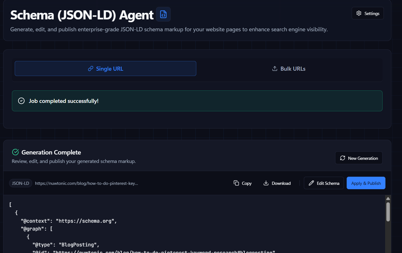 Schema agent screen showing one-click JSON-LD generation