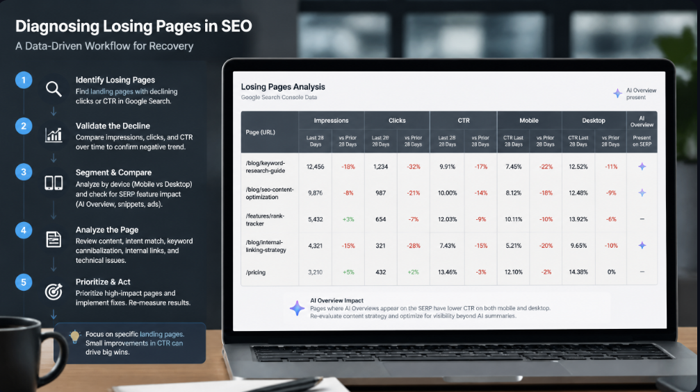 Análisis SEO de páginas en caída con clics, impresiones, CTR y rendimiento por dispositivo