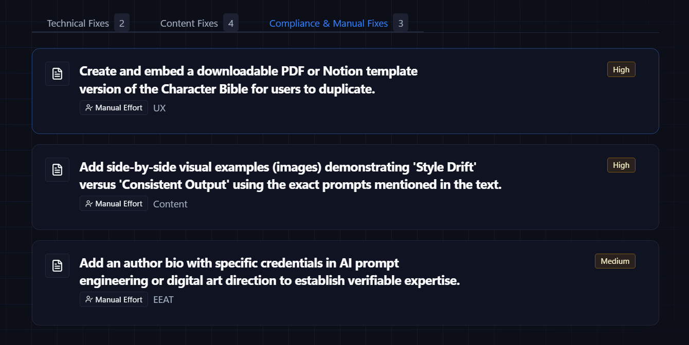 Compliance and Manual Fixes queue for high-impact UX and design recommendations