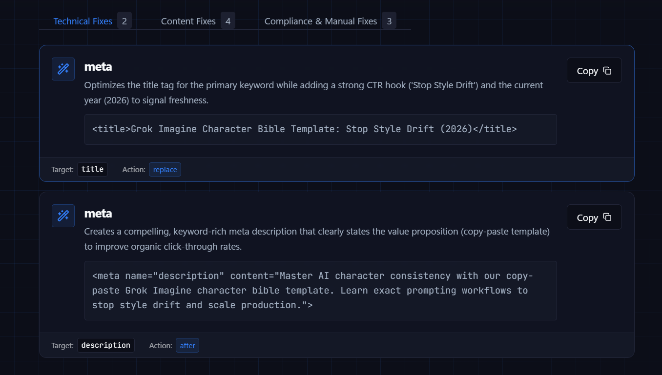 Technical SEO Fixes for title tags, meta descriptions, and anchor enhancements