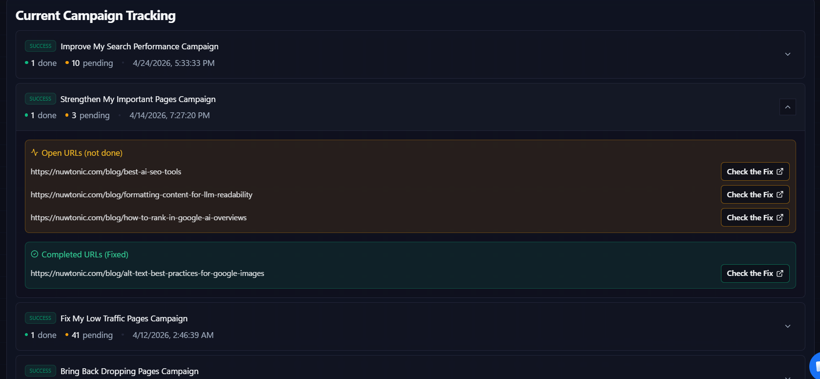 Zero-labor advanced SEO fix workflow with one-click campaign execution
