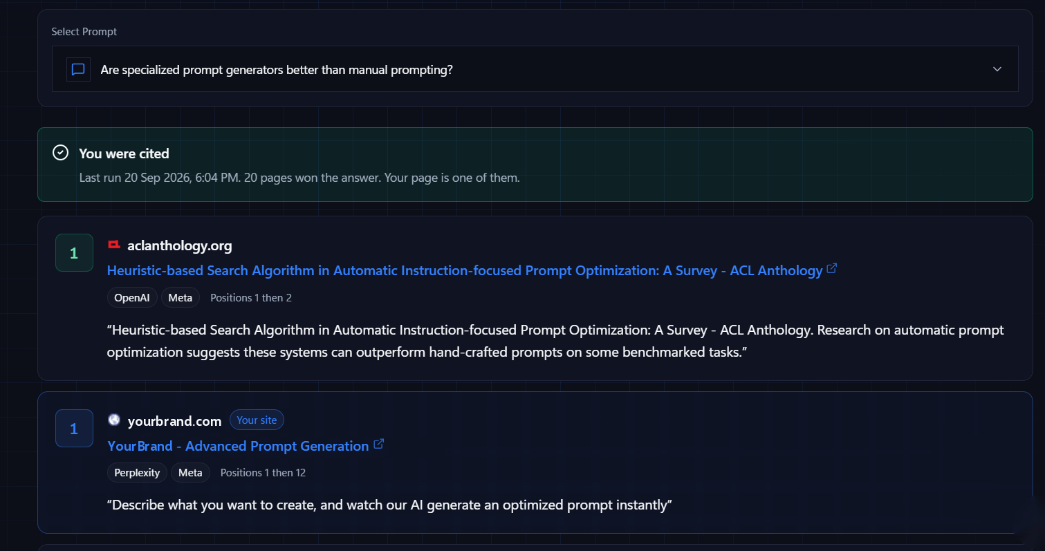 Nuwtonic prompt detail showing ranked sources in an AI answer with the quoted claim and your site highlighted